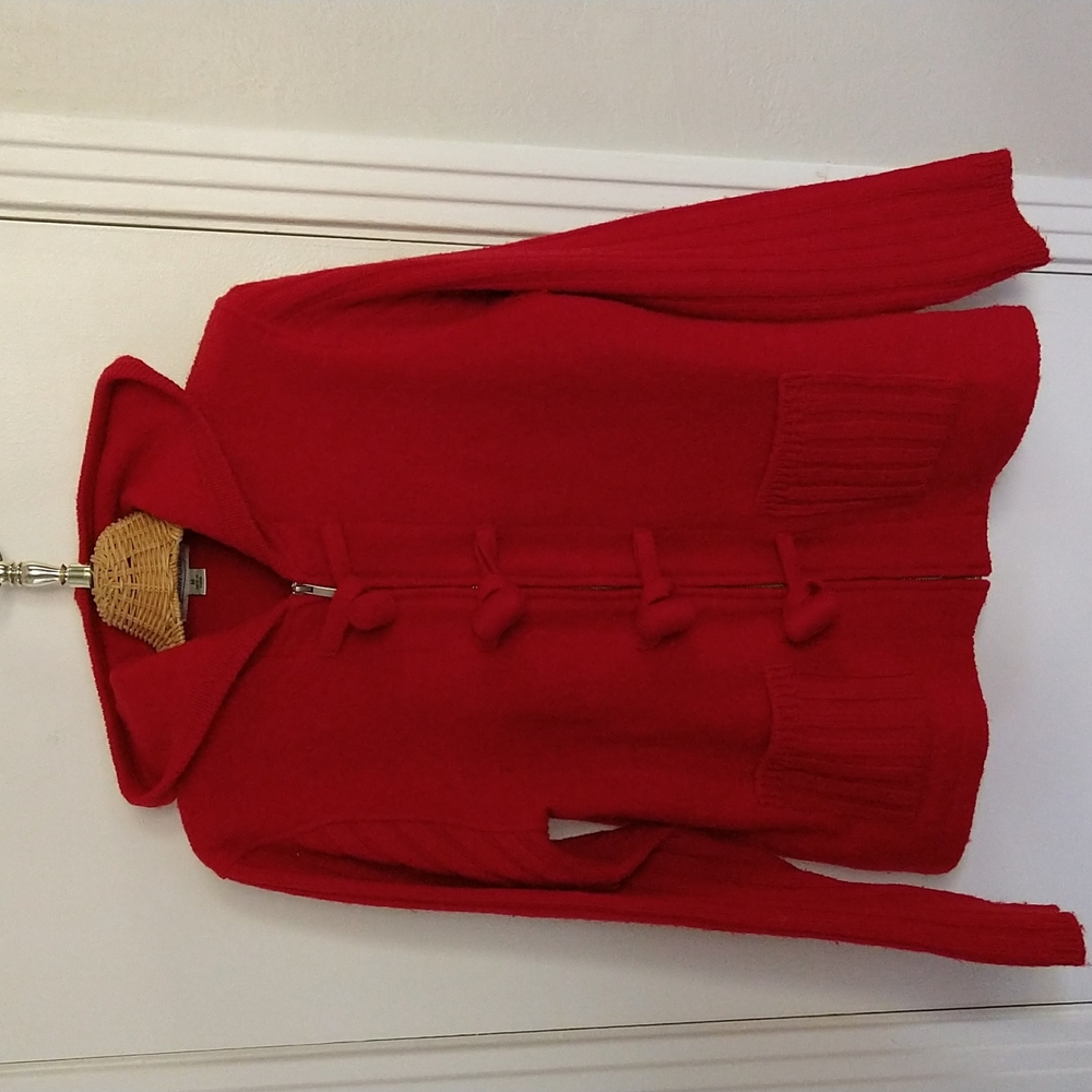Coldwater Creek Cherry Red Boiled Wool Sweater Jacket Sz M